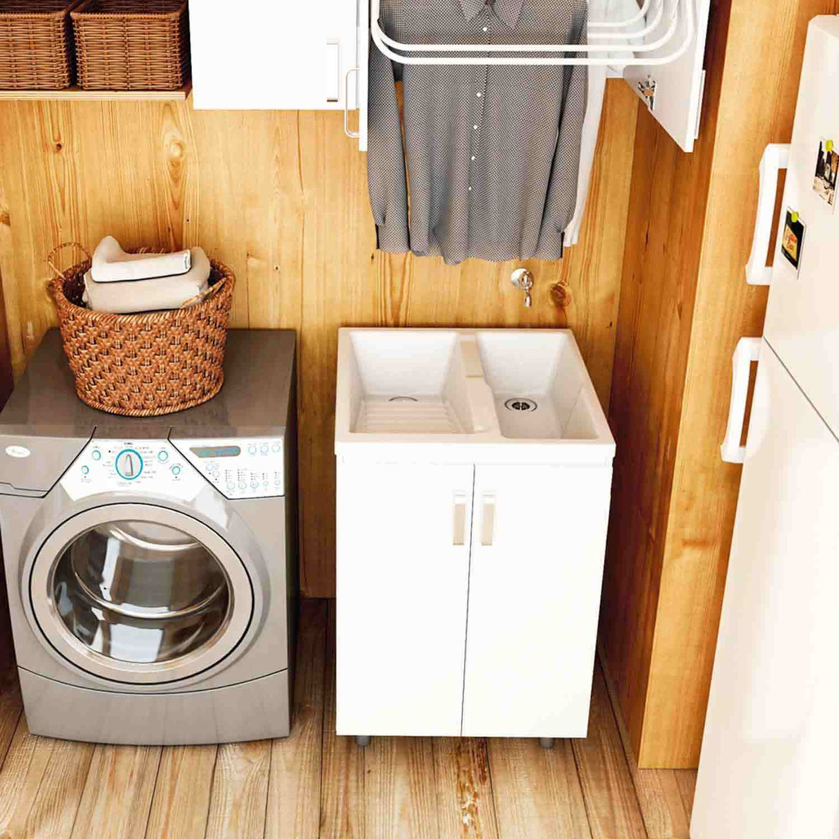 Lavadero Eco Arena y Blanco 60 cm con Almacenamiento y Puertas - Muebles de Aseo y Ropas | Bylmo