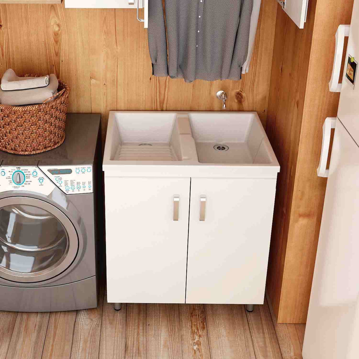 Lavadero Eco Arena y Blanco 80 cm con Almacenamiento y Puertas - Muebles de Aseo y Ropas | Bylmo