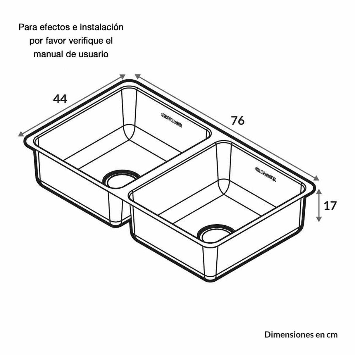 Lavaplatos de Submontar Challenger Acero 76x44cm Rectangular Doble - Cocinas | Bylmo