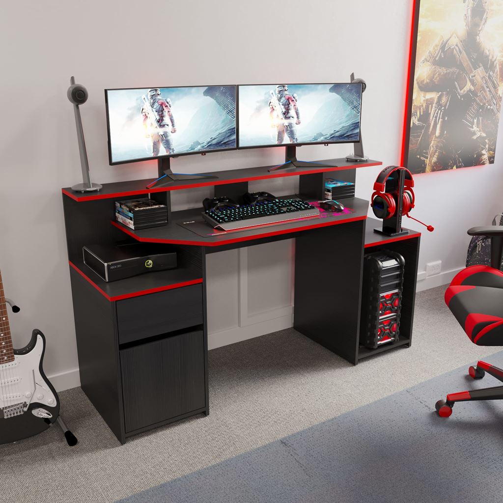 Escritorio Gamer Max Wengue y Rojo 150 cm con Cajón, Puerta y Entrepaños - Escritorios y Archivadores | Bylmo