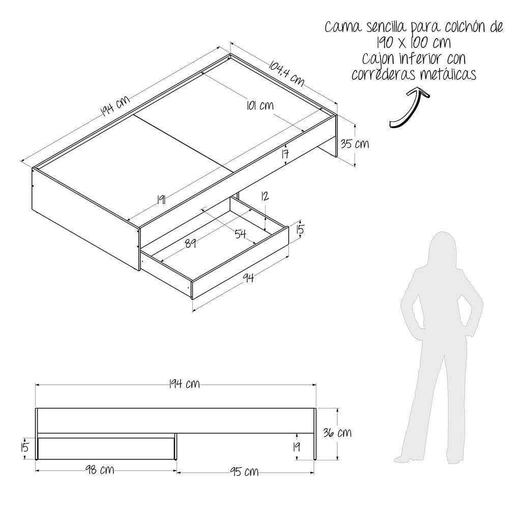Combo Cama y Mesa de Noche Gales 104.4x36cm para Colchón Sencillo 100 X 190 Cm - Camas | Bylmo