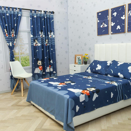 Combo Juego de Sabanas y Cortina Infantil Azul Semidoble 120 X 190 Cm de Mickey - Ropa de Cama | Bylmo