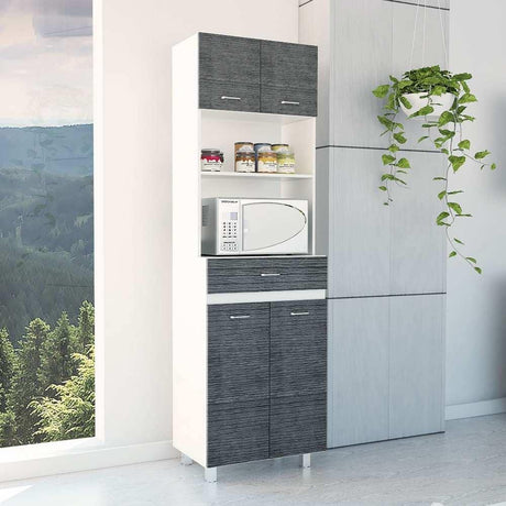 Mueble Microondas Caribe Roble Gris y Blanco 62 cm con Cuatro Puertas, Un Cajón y Entrepaño - Muebles Organizadores | Bylmo