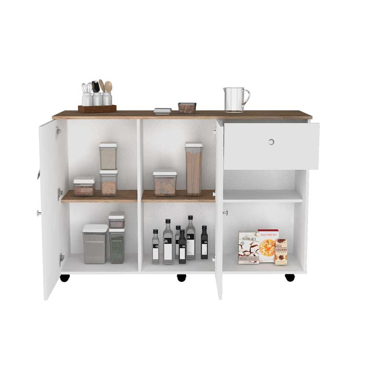 Mesa Auxiliar de Cocina Victoria Blanco y Duna 136x92cm con Tres Entrepaños y con Seis Comportamientos - Muebles Organizadores | Bylmo