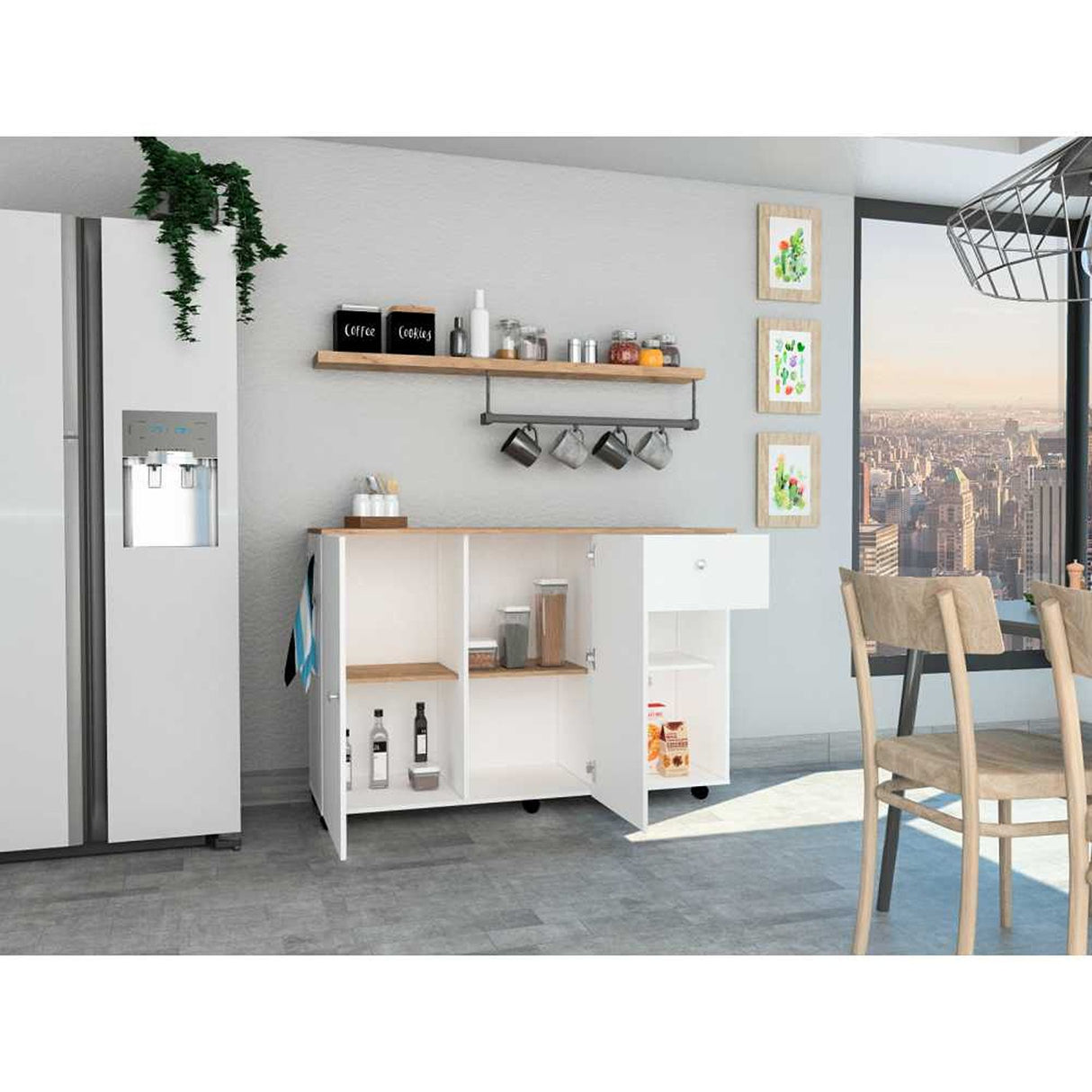 Mesa Auxiliar de Cocina Victoria Blanco y Duna 136x92cm con Tres Entrepaños y con Seis Comportamientos - Muebles Organizadores | Bylmo