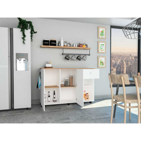 Mesa Auxiliar de Cocina Victoria Blanco y Duna 136x92cm con Tres Entrepaños y con Seis Comportamientos - Muebles Organizadores | Bylmo