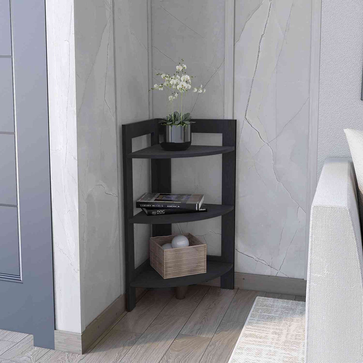 Mesa Auxiliar RIGA Wengue 39 cm Rectangular Arqueado Esquinera con Tres Entrepaños - Mesas Auxiliares | Bylmo