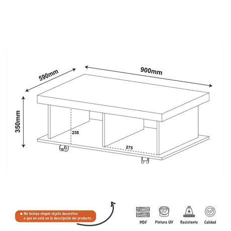Mesa de Centro Dunas Cafe 90x35cm Rectangular con Ruedas - Mesas | Bylmo