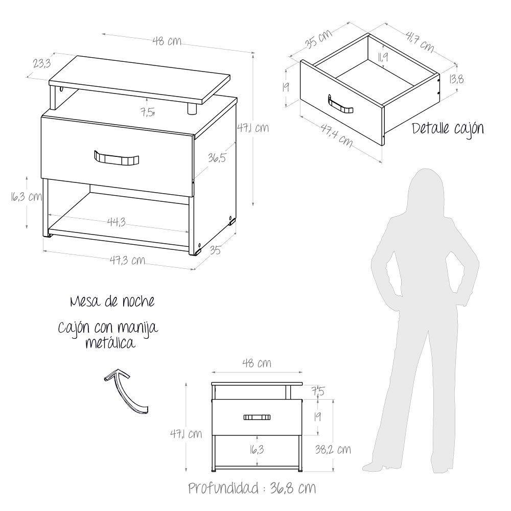 Mesa de Noche Kioto Wengue 48x47cm con Un Cajón y con Un Compartimiento - Mesas de Noche | Bylmo