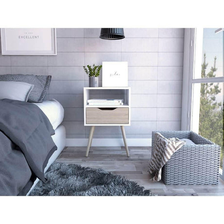 Mesa de Noche Oton Blanco y Rovere 40x53cm con Un Cajón - Mesas de Noche | Bylmo