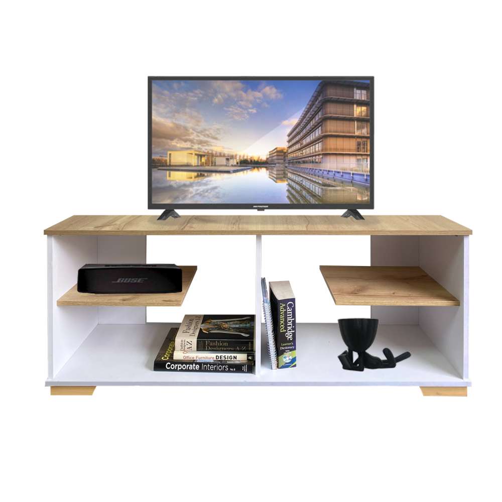 Mesa para TV Flow Vienes y Blanco 120 cm con Entrepaños - Muebles para TV | Bylmo