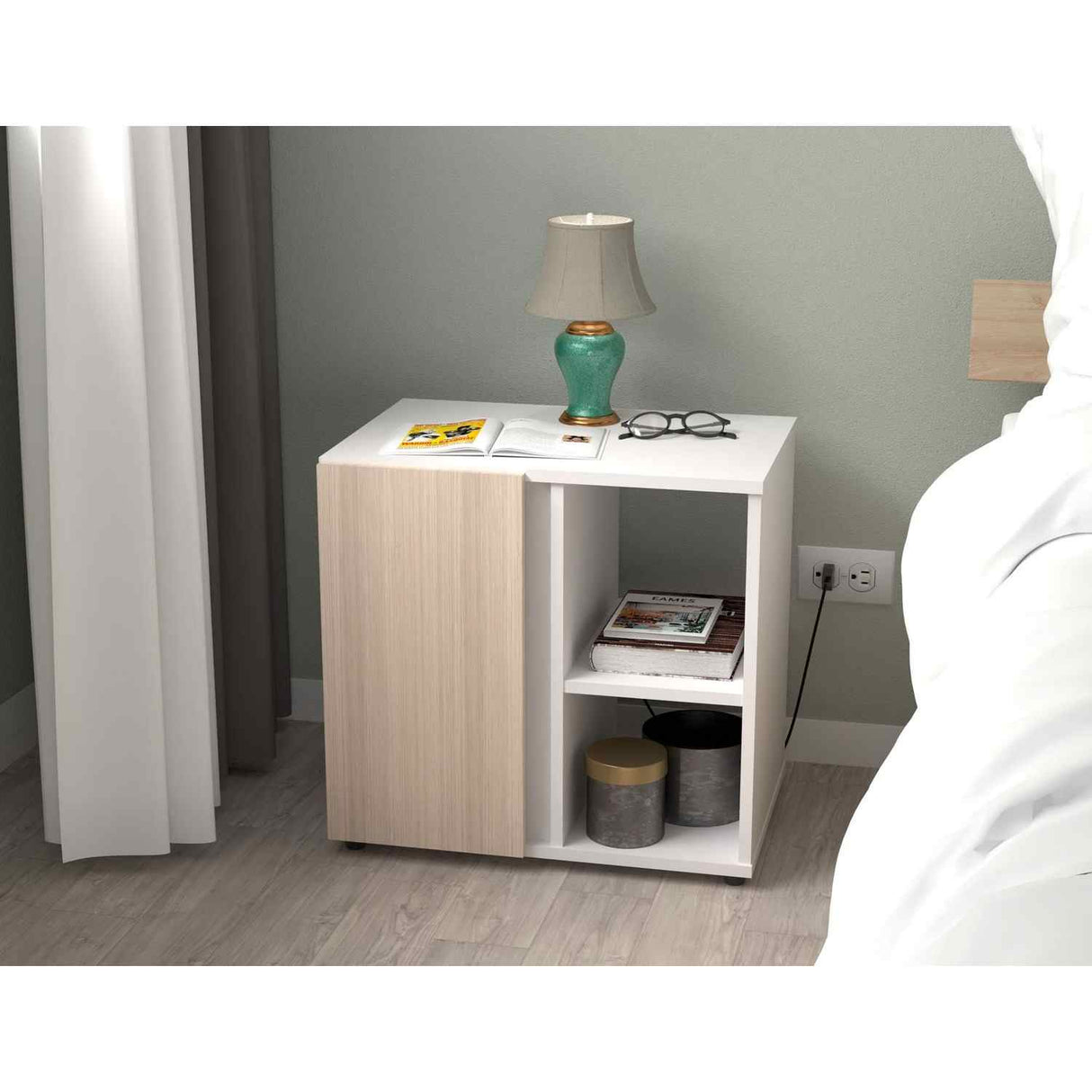 Mesa de Noche Blanco y Arena 53x49cm con Dos Compartimientos y con Una Puerta - Mesas de Noche | Bylmo