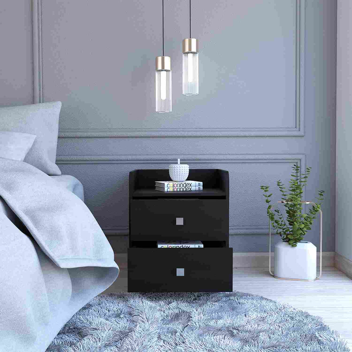 Mesa de Noche Aura Wengue 46x56cm con Dos Cajones y con Un Compartimiento - Mesas de Noche | Bylmo