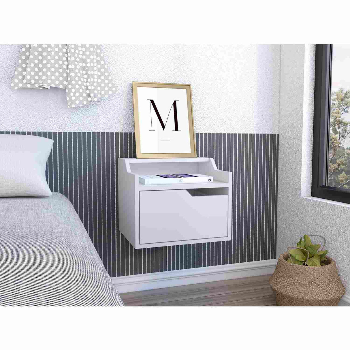 Mesa de Noche Flotante Busan Blanco 40x33cm con Un Cajón y con Un Compartimiento - Mesas de Noche | Bylmo