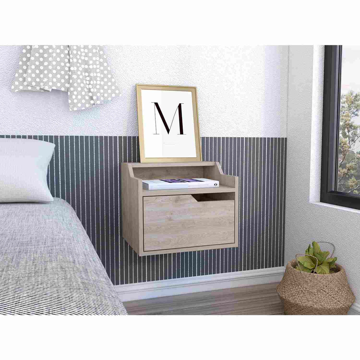 Mesa de Noche Flotante Busan Ceniza 40x33cm con Un Cajón y con Un Compartimiento - Mesas de Noche | Bylmo