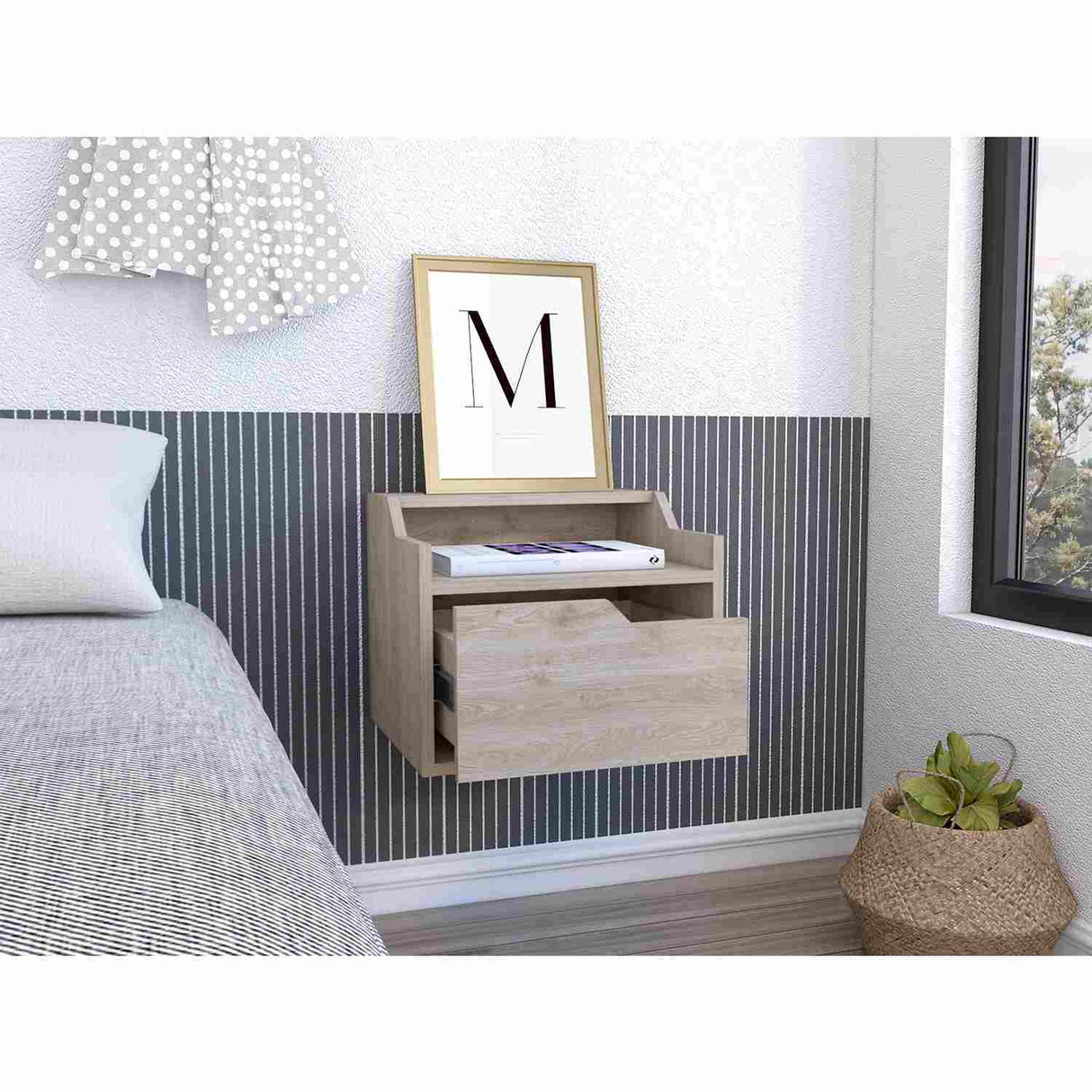 Mesa de Noche Flotante Busan Ceniza 40x33cm con Un Cajón y con Un Compartimiento - Mesas de Noche | Bylmo