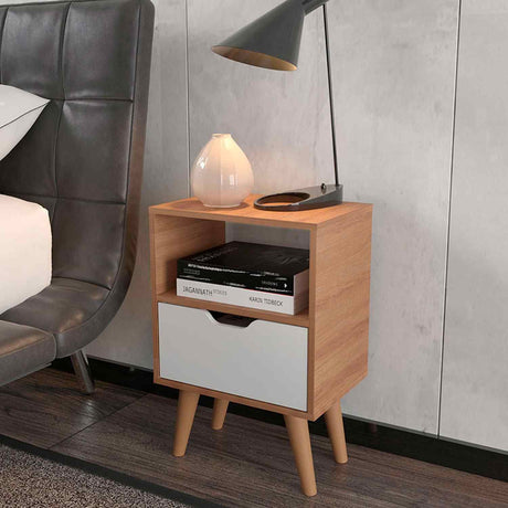 Mesa de Noche Essen Almendra y Blanco 36x54cm con Un Cajón y con Un Compartimiento - Mesas de Noche | Bylmo