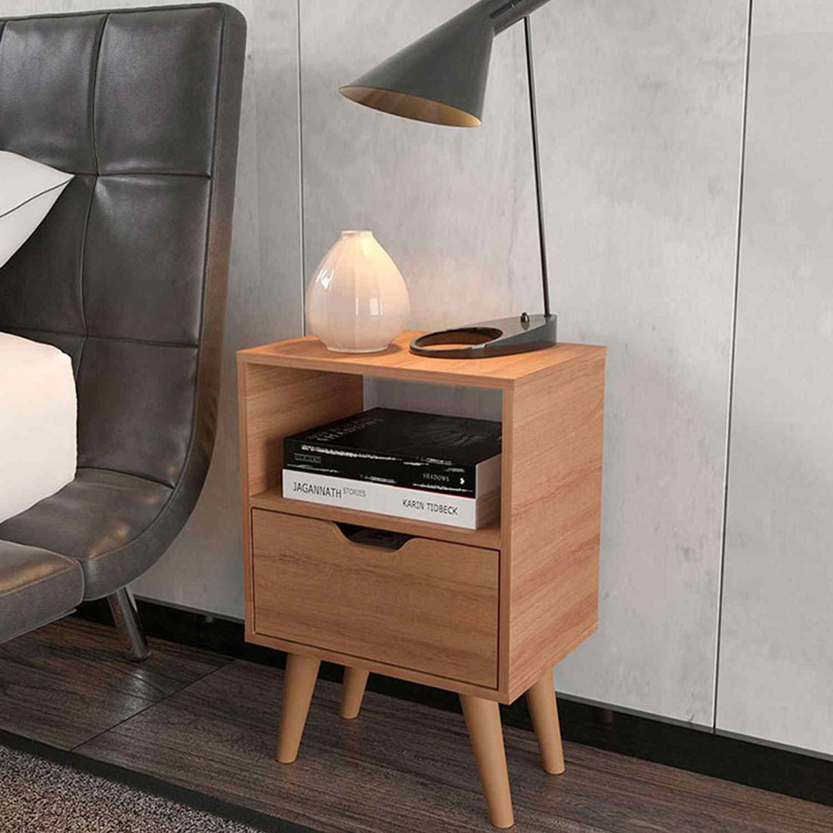 Mesa de Noche Essen Almendra 36x54cm con Un Cajón y con Un Compartimiento - Mesas de Noche | Bylmo