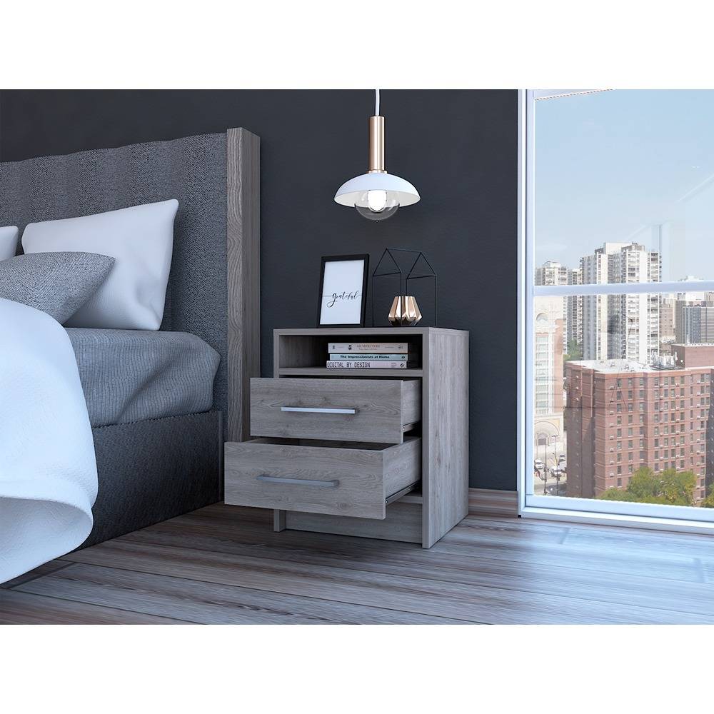 Mesa de Noche Eter Ceniza 40x51cm con Dos Cajones y con Un Compartimiento - Mesas de Noche | Bylmo