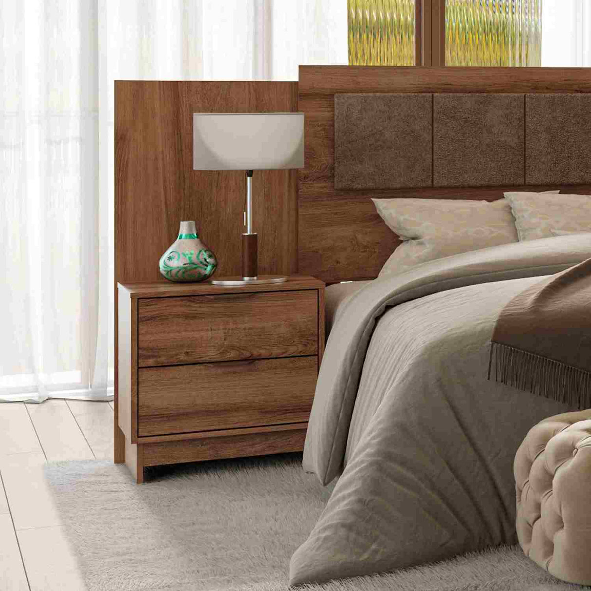 Mesa de Noche Maui Noce 49x56cm con Dos Cajones - Mesas de Noche | Bylmo