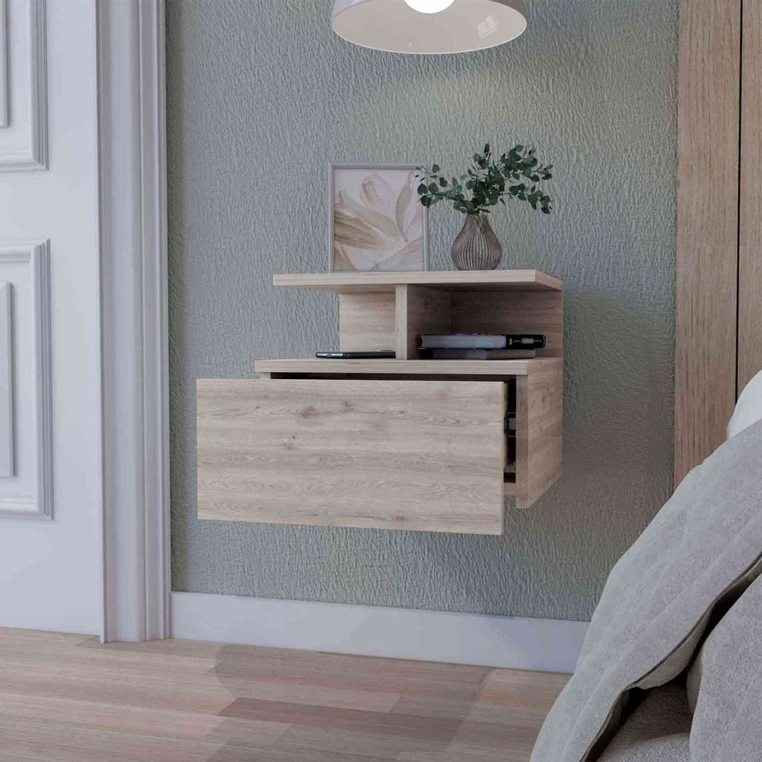 Mesa de Noche Flotante Z Plus Ceniza 36x30cm con Un Cajón y con Dos Compartimientos - Mesas de Noche | Bylmo
