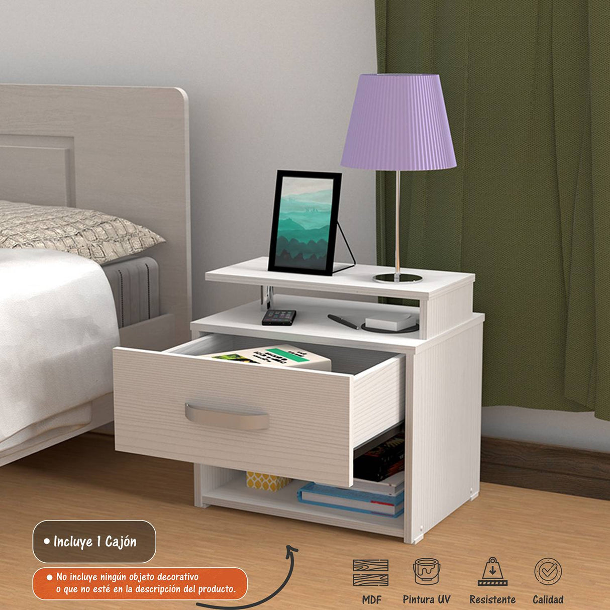 Mesa de Noche Roma Blanco 48x47cm con Un Cajón y con Un Compartimiento - Mesas de Noche | Bylmo