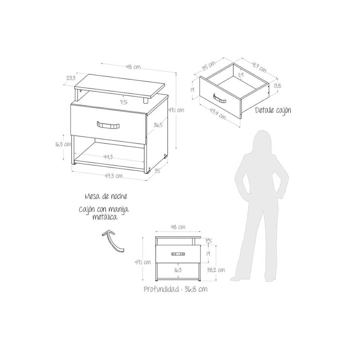 Mesa de Noche Roma Wengue 48x47cm con Un Cajón y con Un Compartimiento - Mesas de Noche | Bylmo
