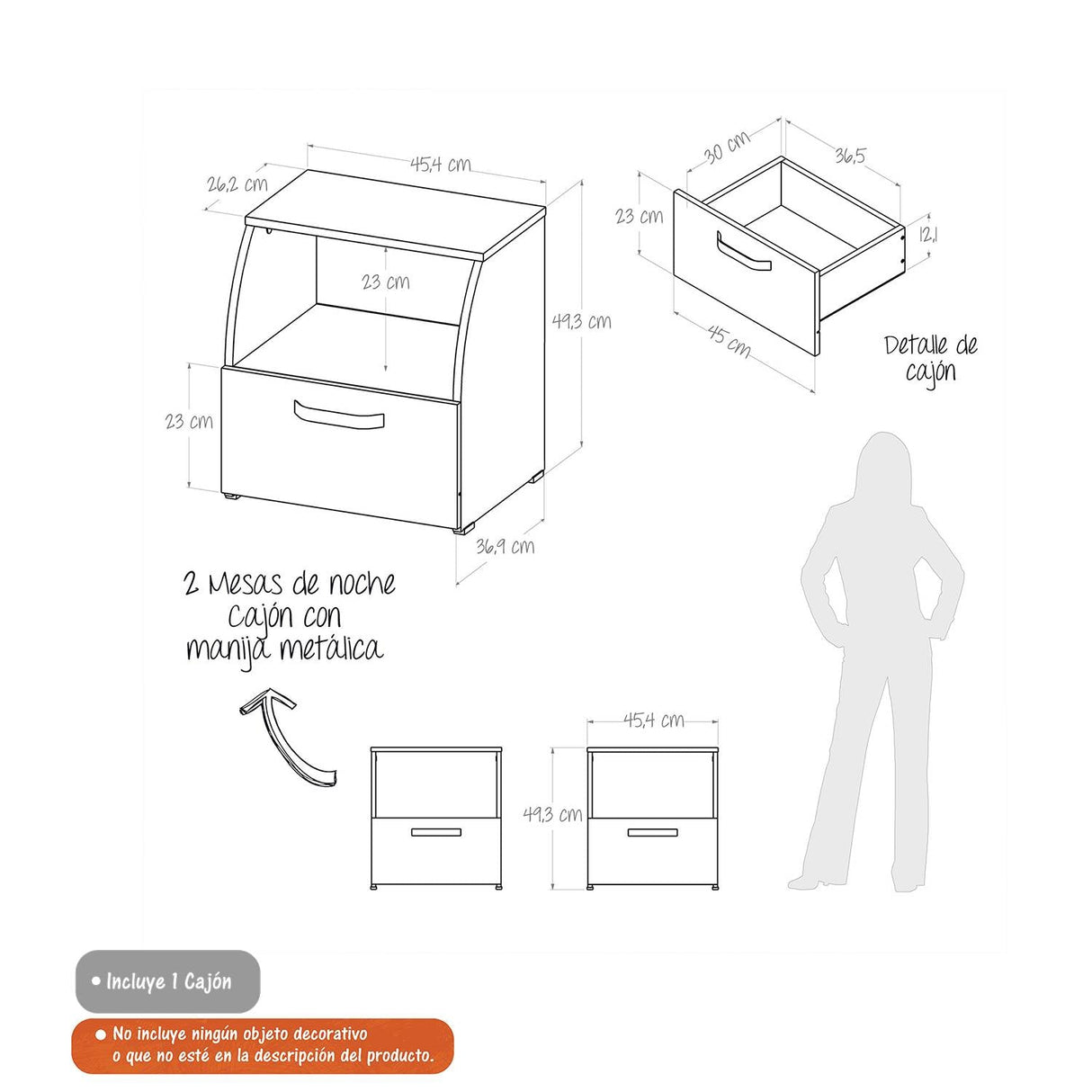 Mesa de Noche Wengue 45.4x49cm con Un Cajón y con Un Compartimiento - Mesas de Noche | Bylmo