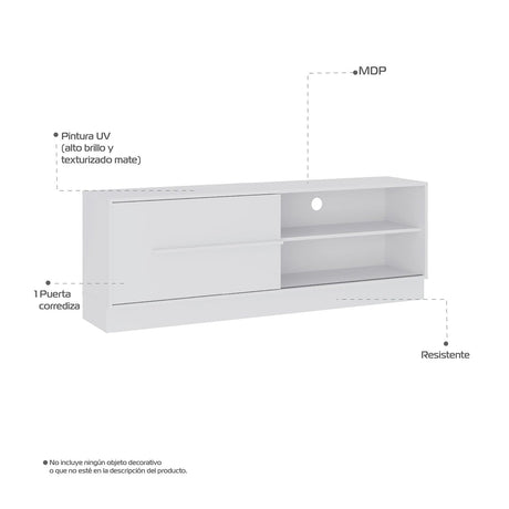 Mesa para TV Hawai Blanco 155x55cm Para TV Hasta 60 Pulgadas con Un Cajón y con Ranuras para Cables - Muebles de TV | Bylmo