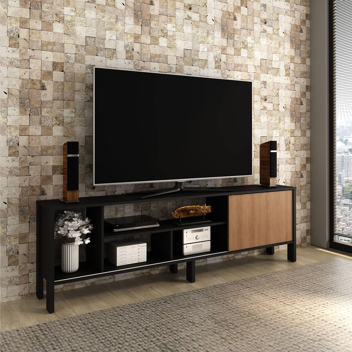 Rack Inmaculada Negro y Almendra 183 cm con Una Puerta - Muebles para TV | Bylmo