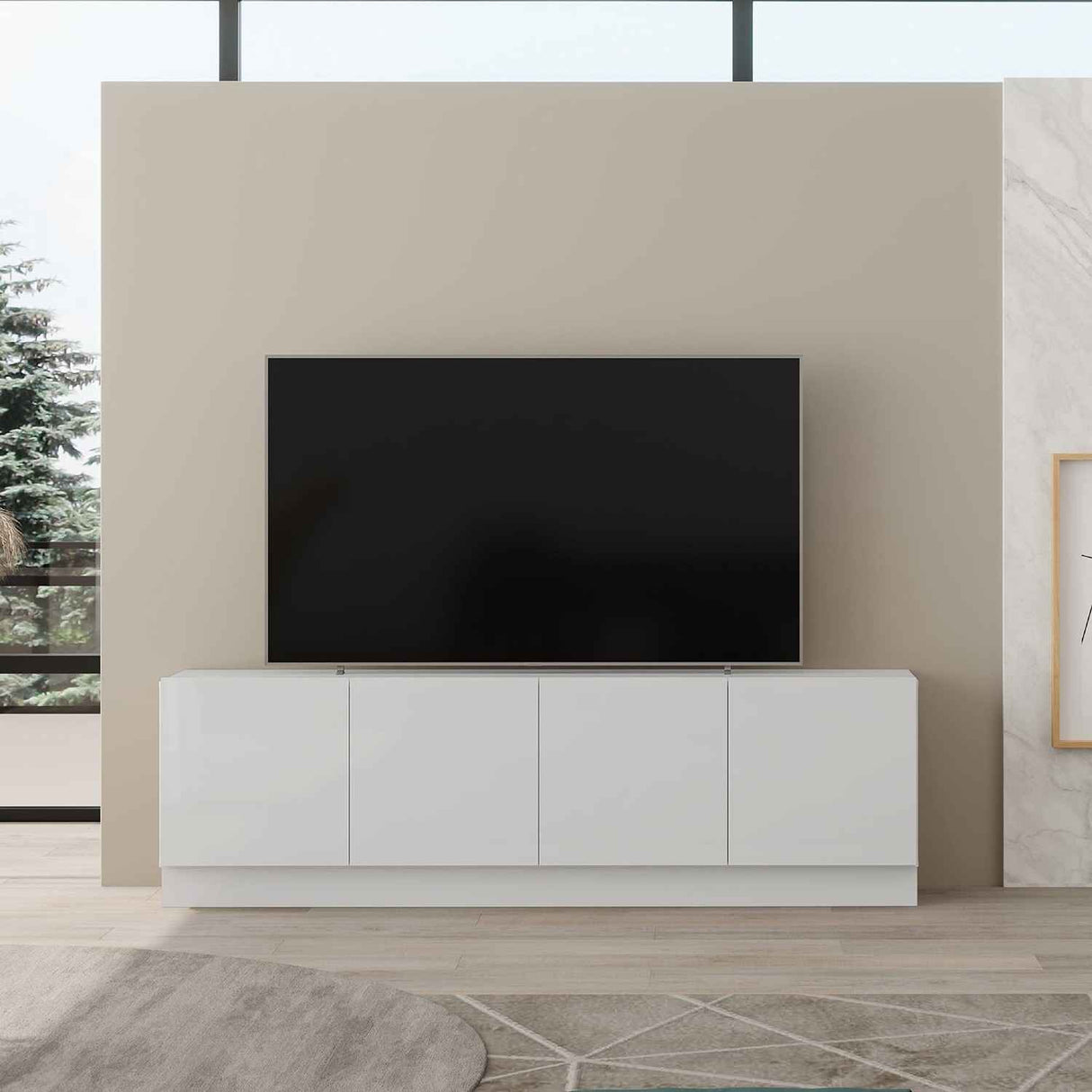Mesa para TV Mind Blanco 182x55cm Para TV Hasta 70 Pulgadas con Cuatro Cajones y con Ranuras para Cables - Muebles de TV | Bylmo