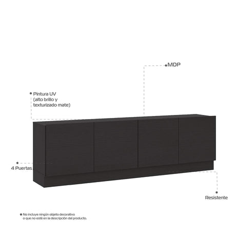 Mesa para TV Mind Negro 182x55cm Para TV Hasta 70 Pulgadas con Cuatro Cajones y con Ranuras para Cables - Muebles de TV | Bylmo