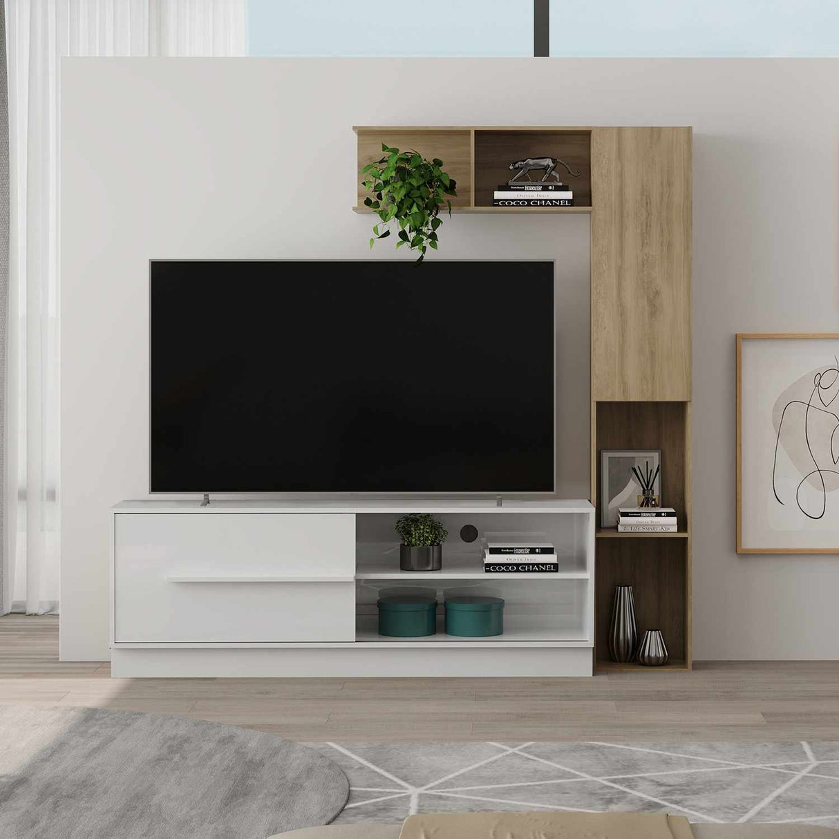 Mesa para TV Noce y Blanco 43x4cm Para TV Hasta 60 Pulgadas sin Cajones - Muebles de TV | Bylmo