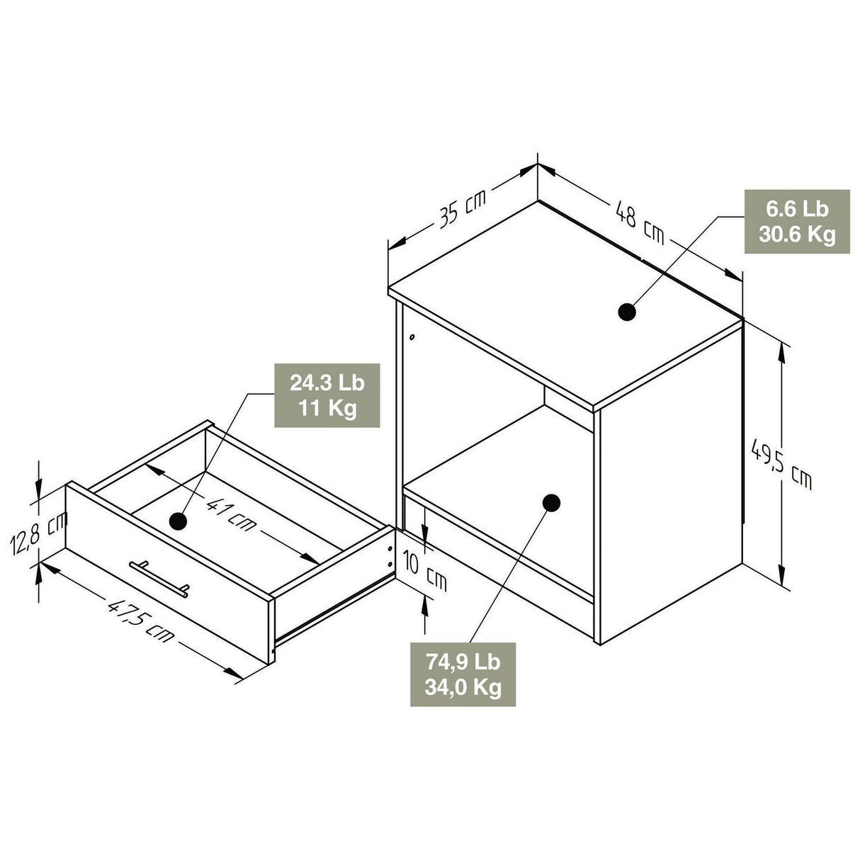 Mesa de Noche Amaretto 48x48cm con Un Cajón y con Un Compartimiento - Mesas de Noche | Bylmo