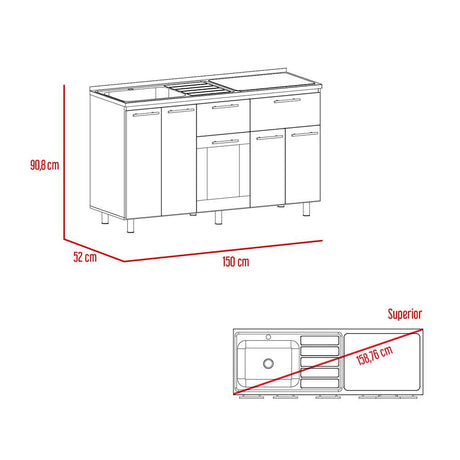 Mueble Inferior Izquierda Hasselt Rovere y Gris 150 cm con Mesón - Cocinas | Bylmo