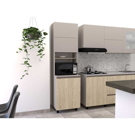 Mueble Microondas Kiara Taupe y Rovere 60 cm Con Tres Puertas - Muebles Organizadores | Bylmo