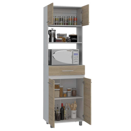 Mueble Microondas Luna Rovere y Blanco 62 cm con Cuatro Puertas, Entrepaño y Un Cajón - Muebles Organizadores | Bylmo