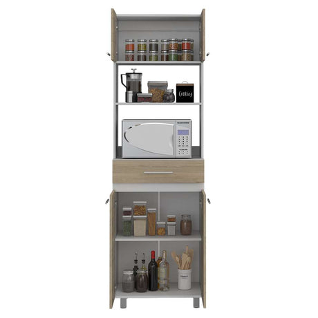 Mueble Microondas Luna Rovere y Blanco 62 cm con Cuatro Puertas, Entrepaño y Un Cajón - Muebles Organizadores | Bylmo