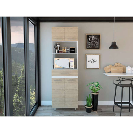 Mueble Microondas Luna Rovere y Blanco 62 cm con Cuatro Puertas, Entrepaño y Un Cajón - Muebles Organizadores | Bylmo