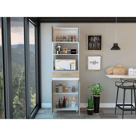Mueble Microondas Luna Rovere y Blanco 62 cm con Cuatro Puertas, Entrepaño y Un Cajón - Muebles Organizadores | Bylmo