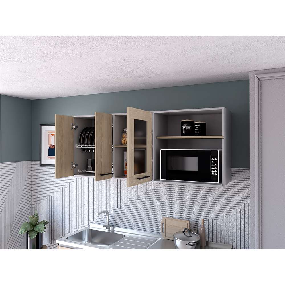 Mueble Superior de Cocina Hasselt Plus Rovere y Gris 150x60cm con Tres Puertas con Locero y con Espacio para Microondas - Cocinas | Bylmo