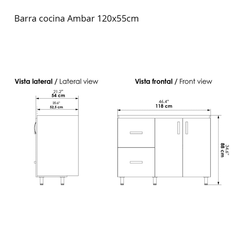 Mueble Auxiliar de Cocina Ambar Carbono y Baudó 120 cm con Barra de Cocina y Dos Cajones