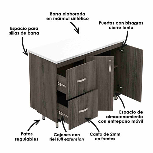 Mueble Auxiliar de Cocina Ambar Mitte y Tambo 120 cm con Barra de Cocina y Dos Cajones
