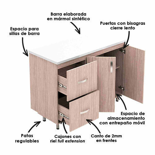 Mueble Auxiliar de Cocina Ambar Soder y Mali 120 cm con Barra de Cocina y Dos Cajones