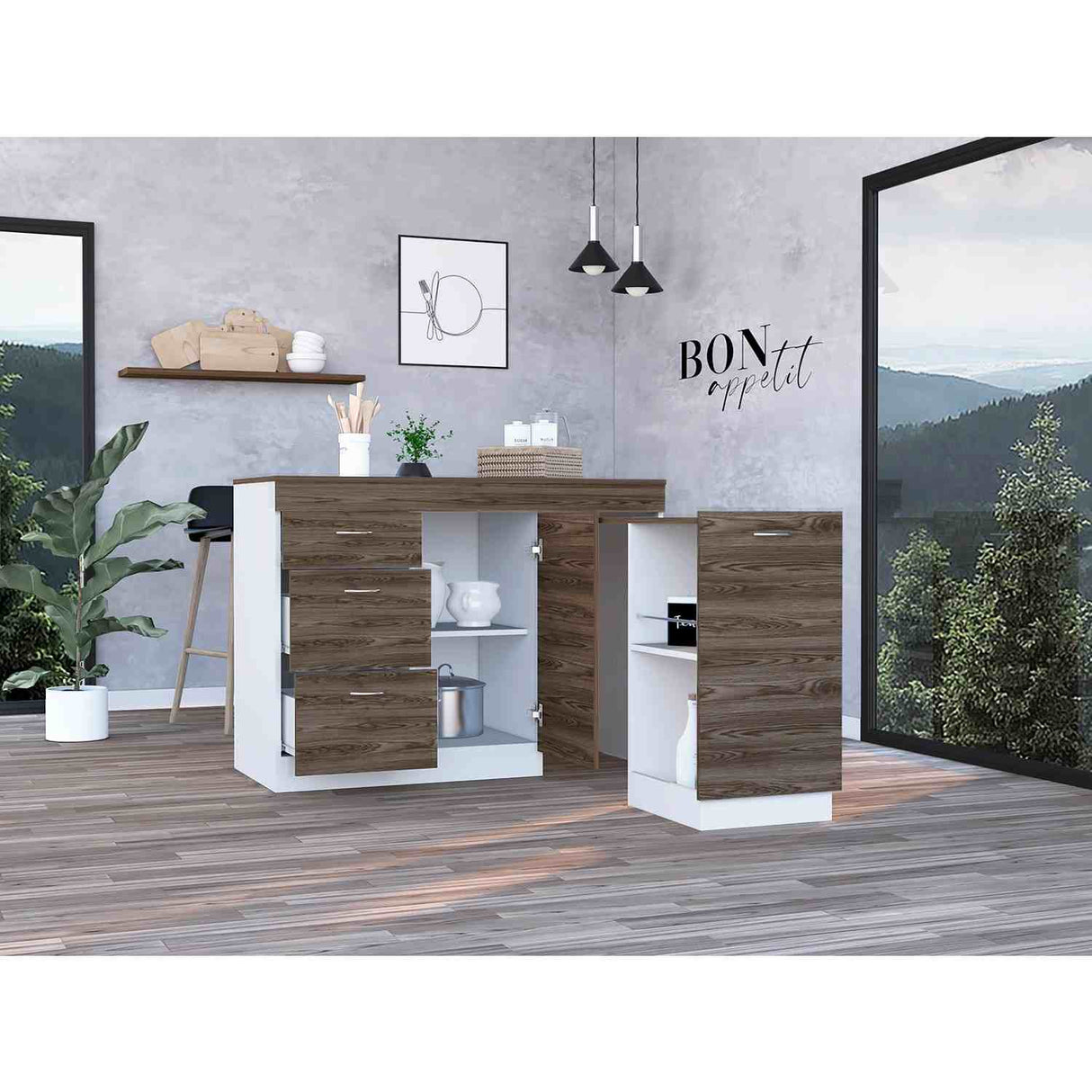 Mueble Auxiliar de Cocina Grecia Coñac 116 cm con Tres Cajones, un Cajón Grande y un Cajón Móvil - Barras y Muebles Auxiliares | Bylmo