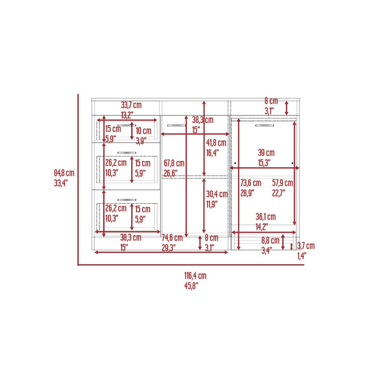 Mueble Auxiliar de Cocina Grecia Coñac 116 cm con Tres Cajones, un Cajón Grande y un Cajón Móvil - Barras y Muebles Auxiliares | Bylmo