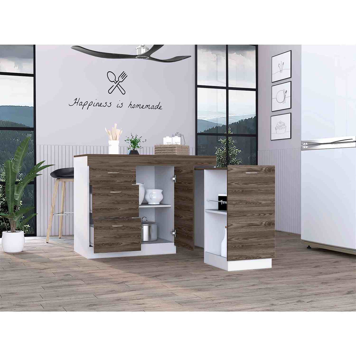 Mueble Auxiliar de Cocina Grecia Coñac 116 cm con Tres Cajones, un Cajón Grande y un Cajón Móvil - Barras y Muebles Auxiliares | Bylmo