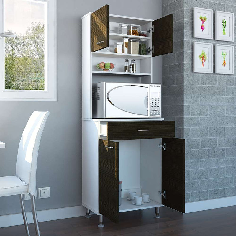 Mueble Microondas Kitchen Wengue y Blanco 60 cm con Cuatro Puertas y Un Cajón
