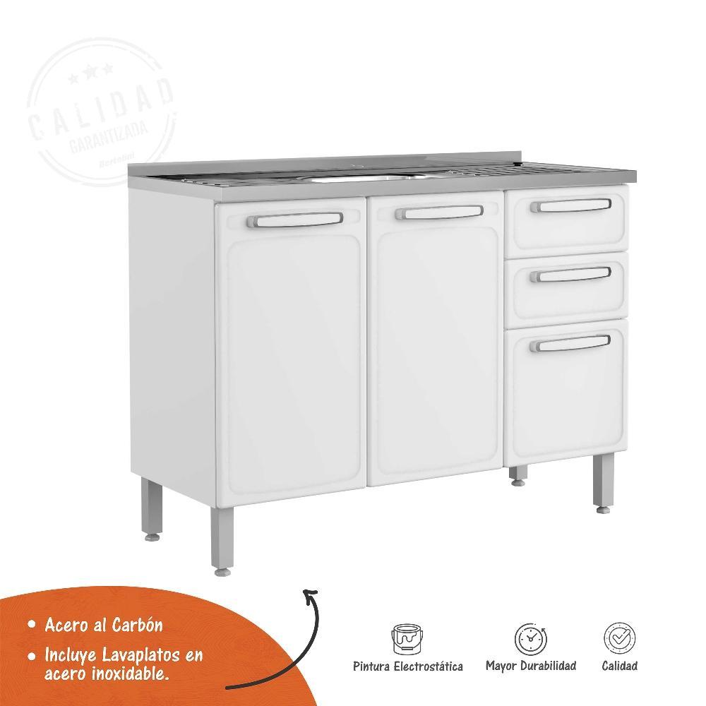 Mueble Inferior Blanco 120x89cm con Mesón de Acero Al Carbon y con Pozuelo Lado Centro - Cocinas | Bylmo