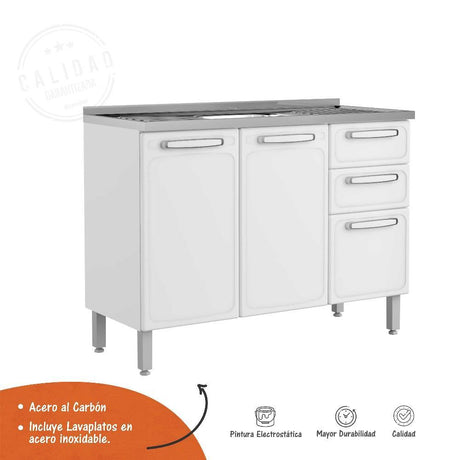 Mueble Inferior Blanco 120x89cm con Mesón de Acero Al Carbon y con Pozuelo Lado Centro - Cocinas | Bylmo